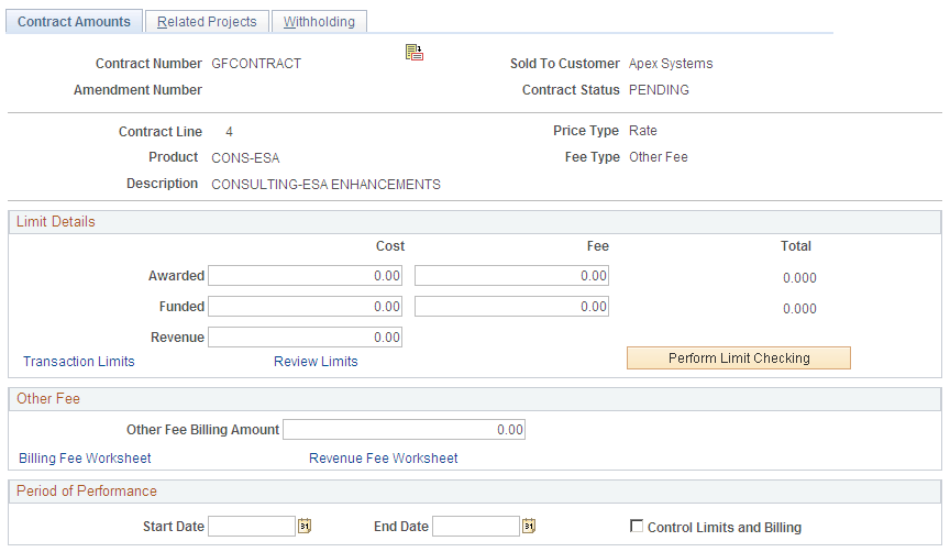 Contract Amounts page (other fee type)