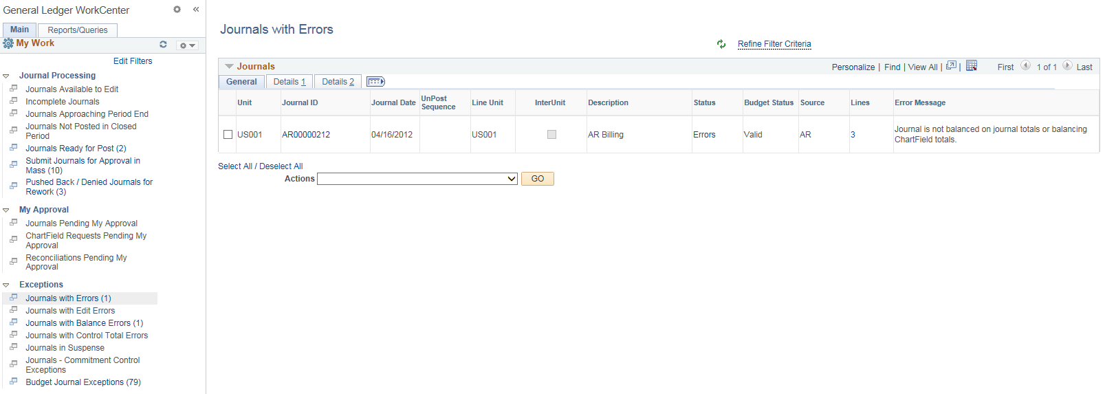 General Ledger WorkCenter - Journals with Errors