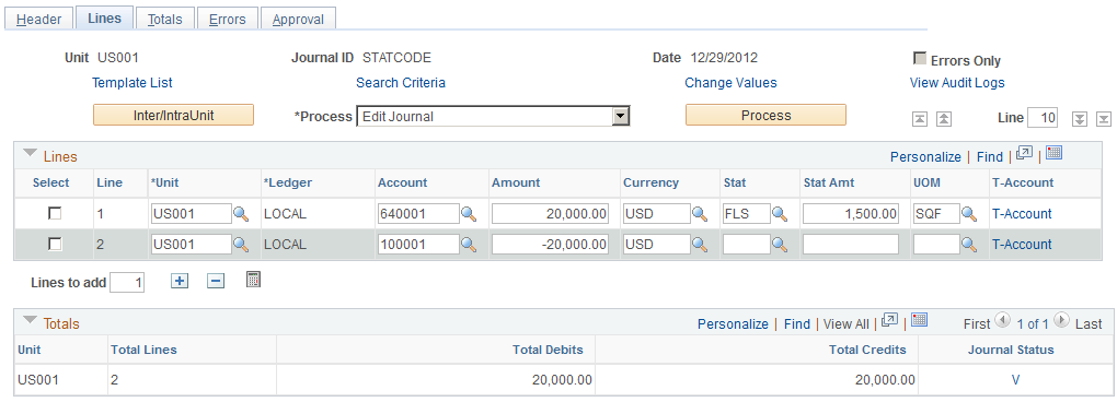 Journal Entry - Lines page (statistics code entry)