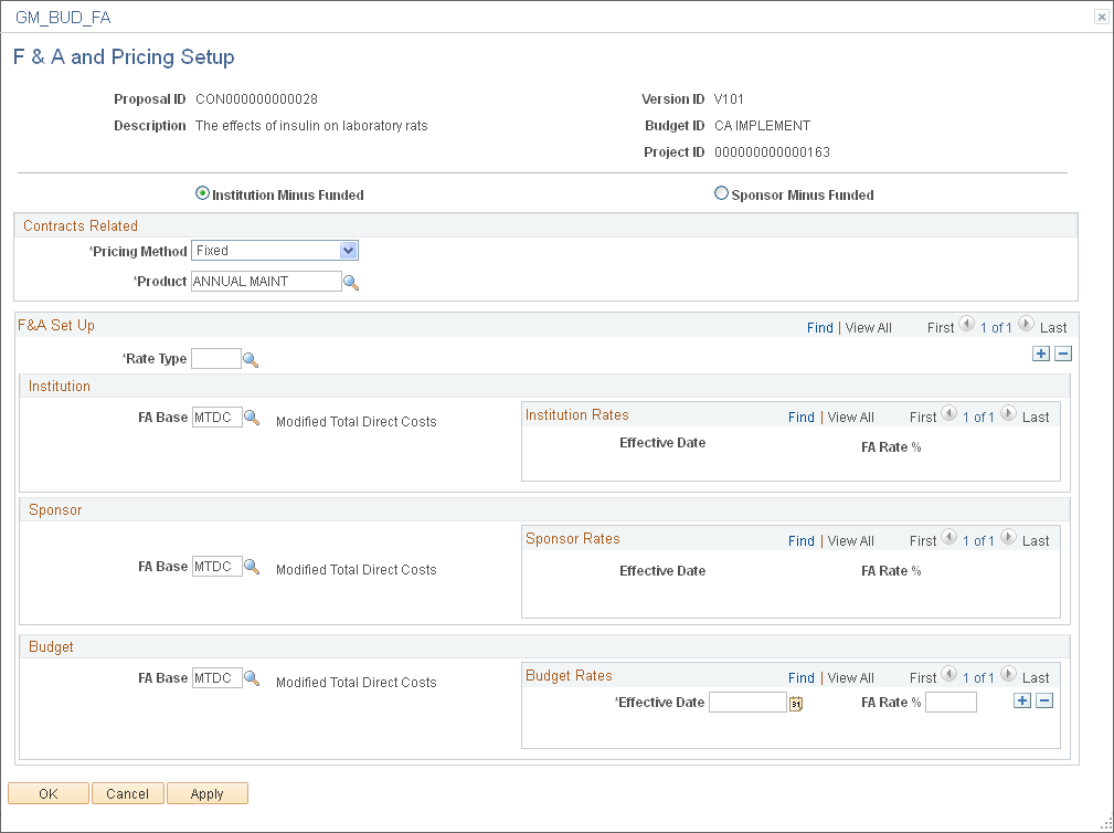 F and A and Pricing Setup page