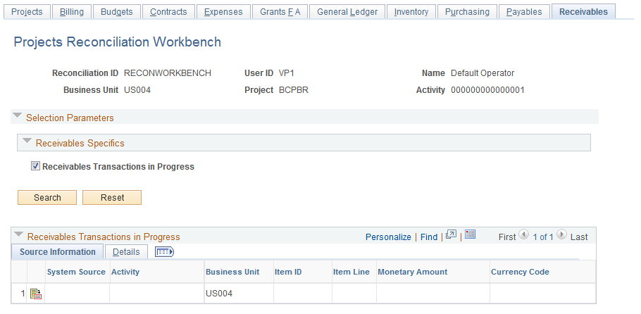 Projects Reconciliation Workbench - Receivables page