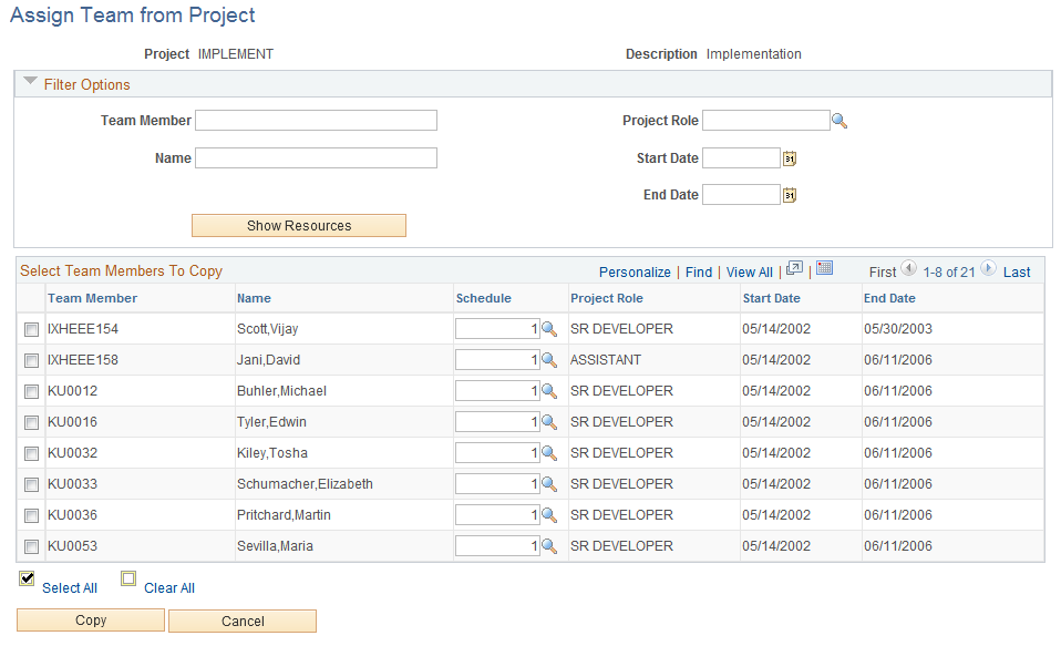 Assign Team from Project page (Copy from Project button)