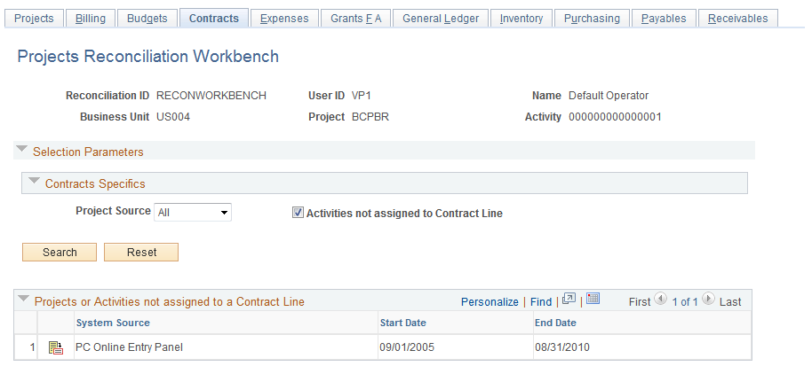 Projects Reconciliation Workbench - Contracts page