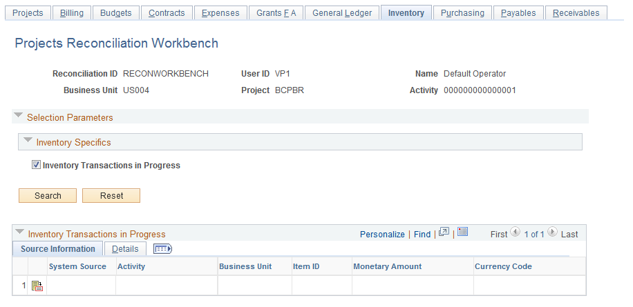 Projects Reconciliation Workbench - Inventory page