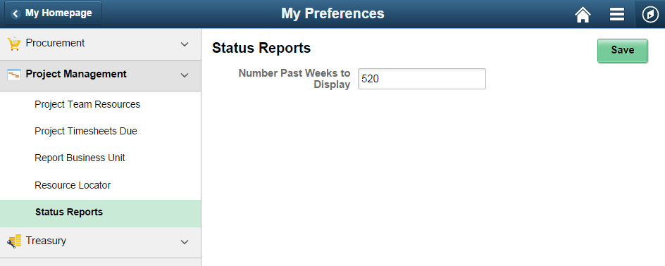 My Preferences - Status Reports page