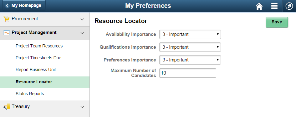 My Preferences - Resource Locator page