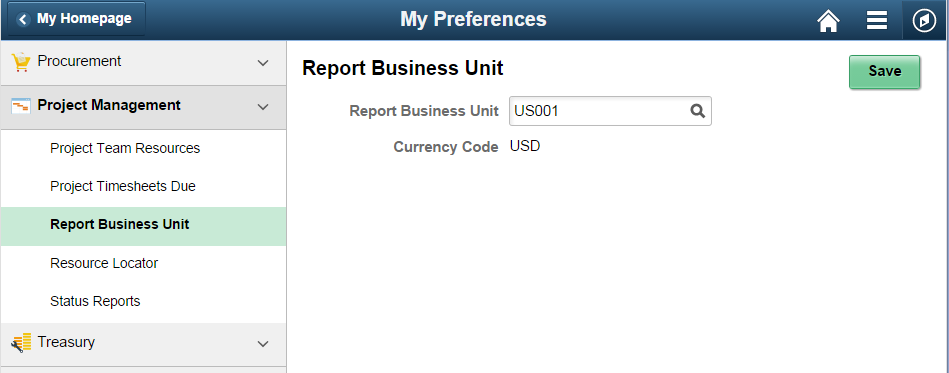 My Preferences - Report Business Unit page