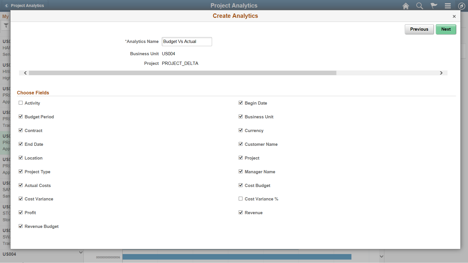 Create Analytics Wizard - step 2