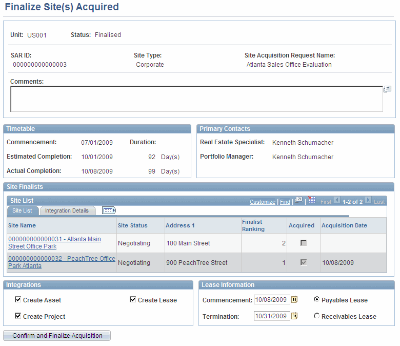 Finalize Site(s) Acquired page