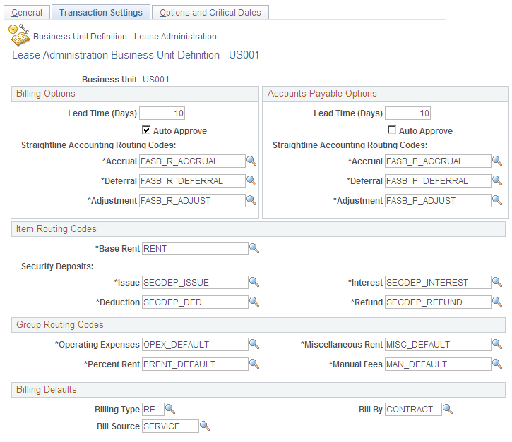 Real Estate Management Business Unit - Transaction Settings page