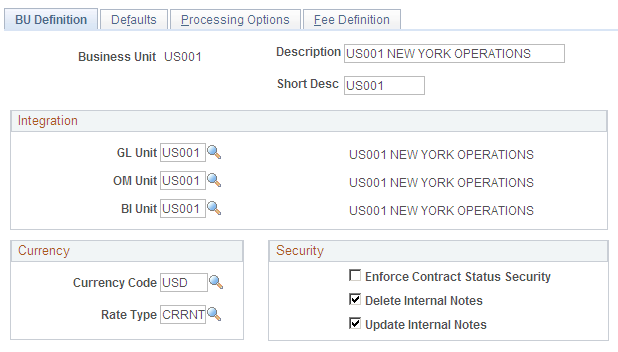 Contracts Business Unit - BU Definition page