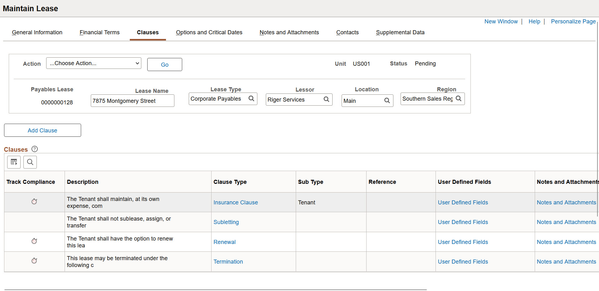 Create New Lease - Clauses page
