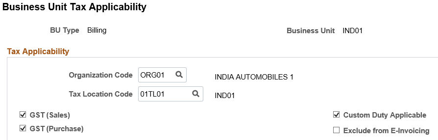 Business Unit Tax Applicability