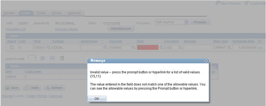 ChartField security prompt error message