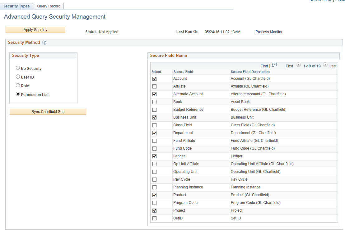 Query Security - Security Types page