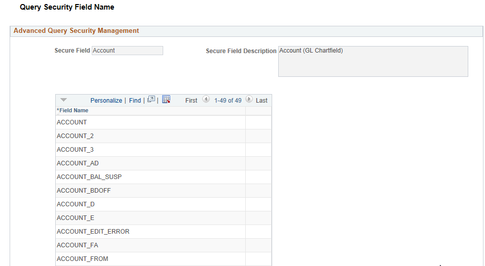Query Security Field Name page