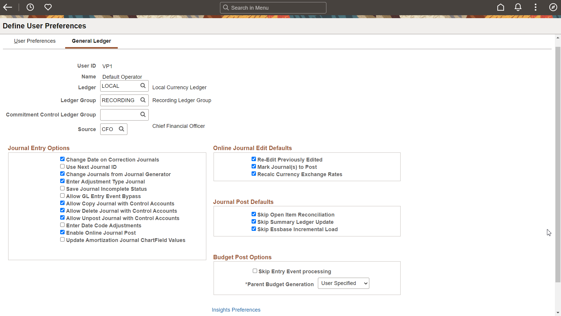 Define User Preferences - General Ledger