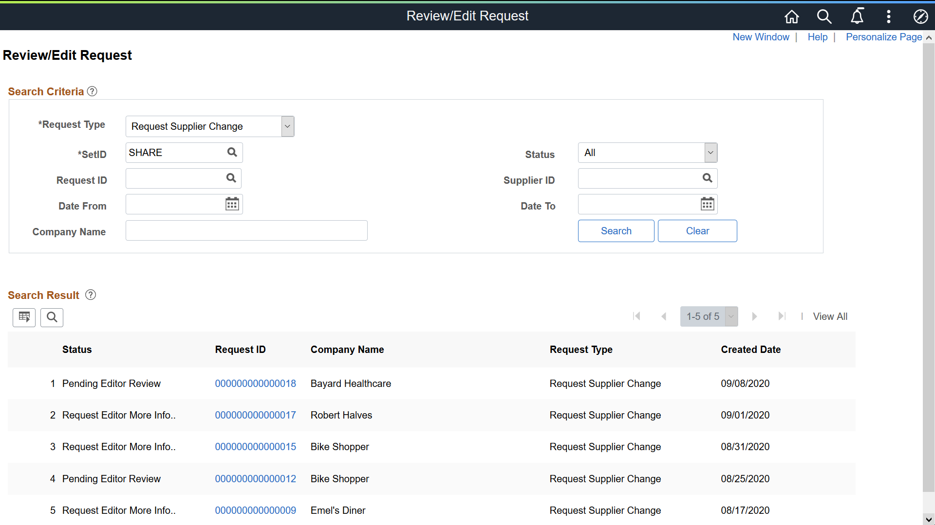 Review Edit Request Supplier Change Request page