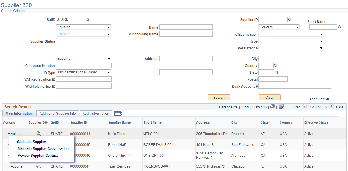 Supplier 360 Search page