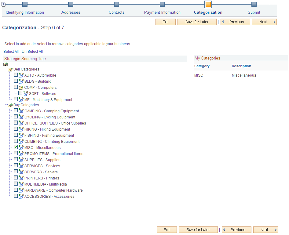 Online Registration: Categorization page
