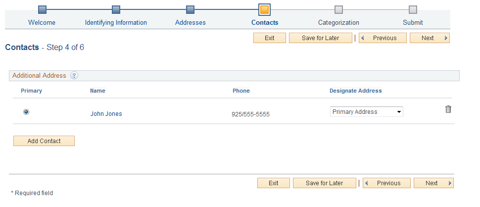 Online Registration: Contacts page