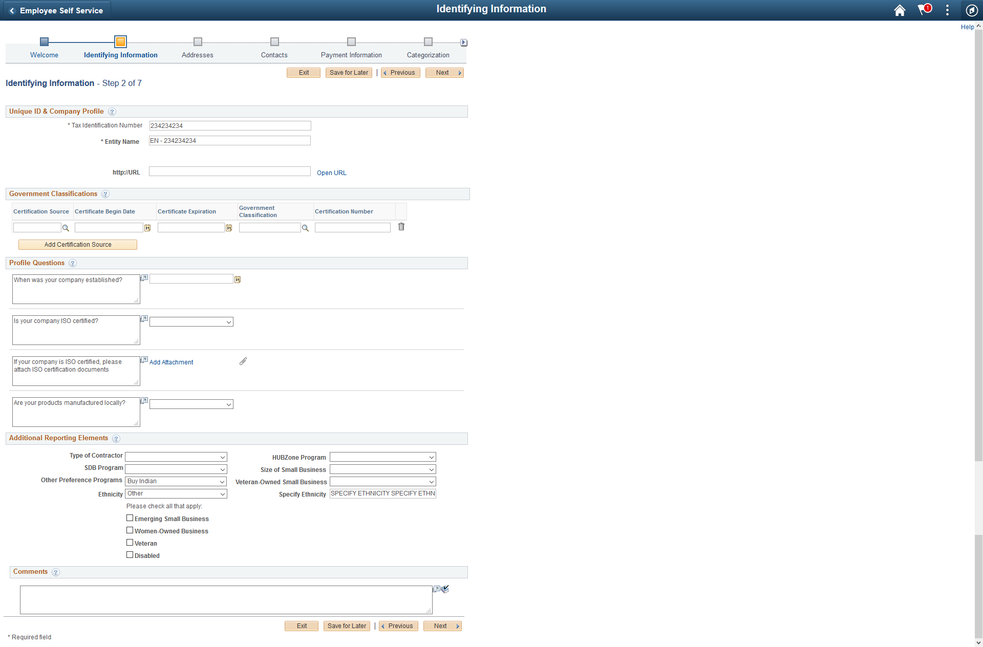 Online Registration Identifying Information page for a new bidder or new supplier