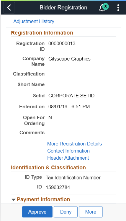 Bidder Registration header approval page as displayed on a smartphone