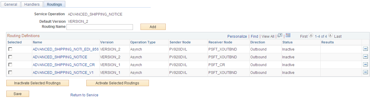 Service Operations-Routings page