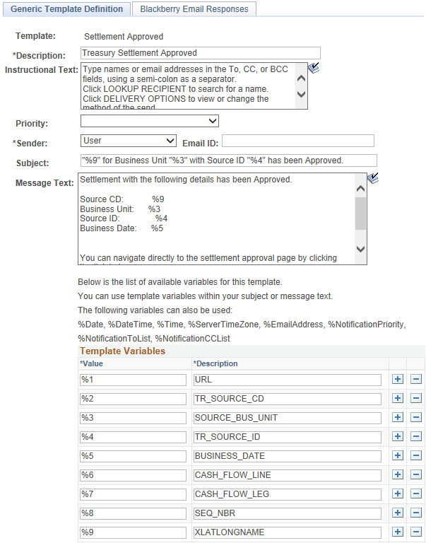 Generic Template Definition page for Settlement Approved