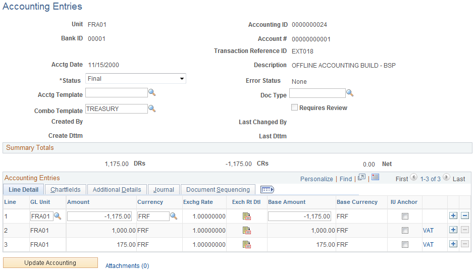 Accounting Entries page - Line Detail tab