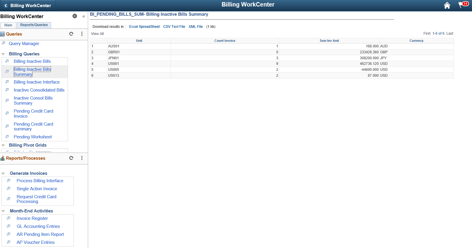 Billing WorkCenter Queries pagelet