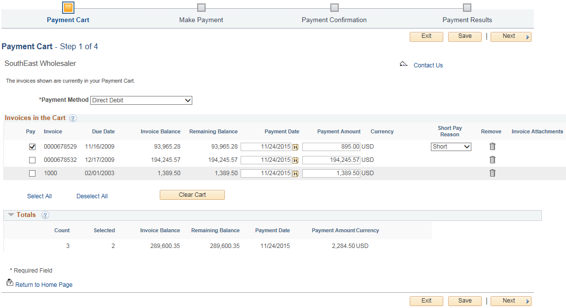 Payment Cart - Step 1 of 4 for a Direct Debit payment