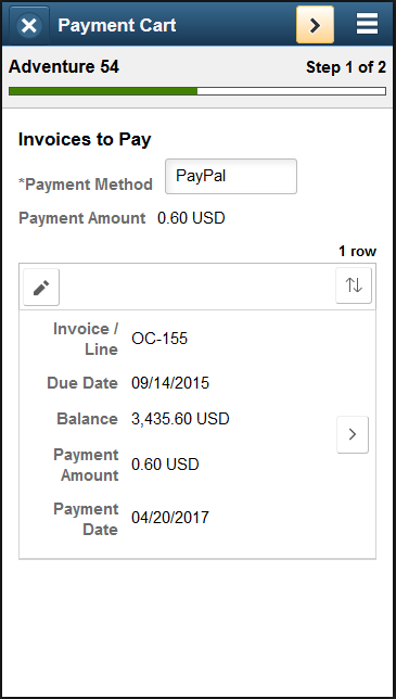 Step 1 of 2: Invoices to Pay page, using PayPal payment method (SFF)