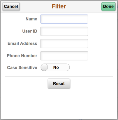 Select User - Filter page