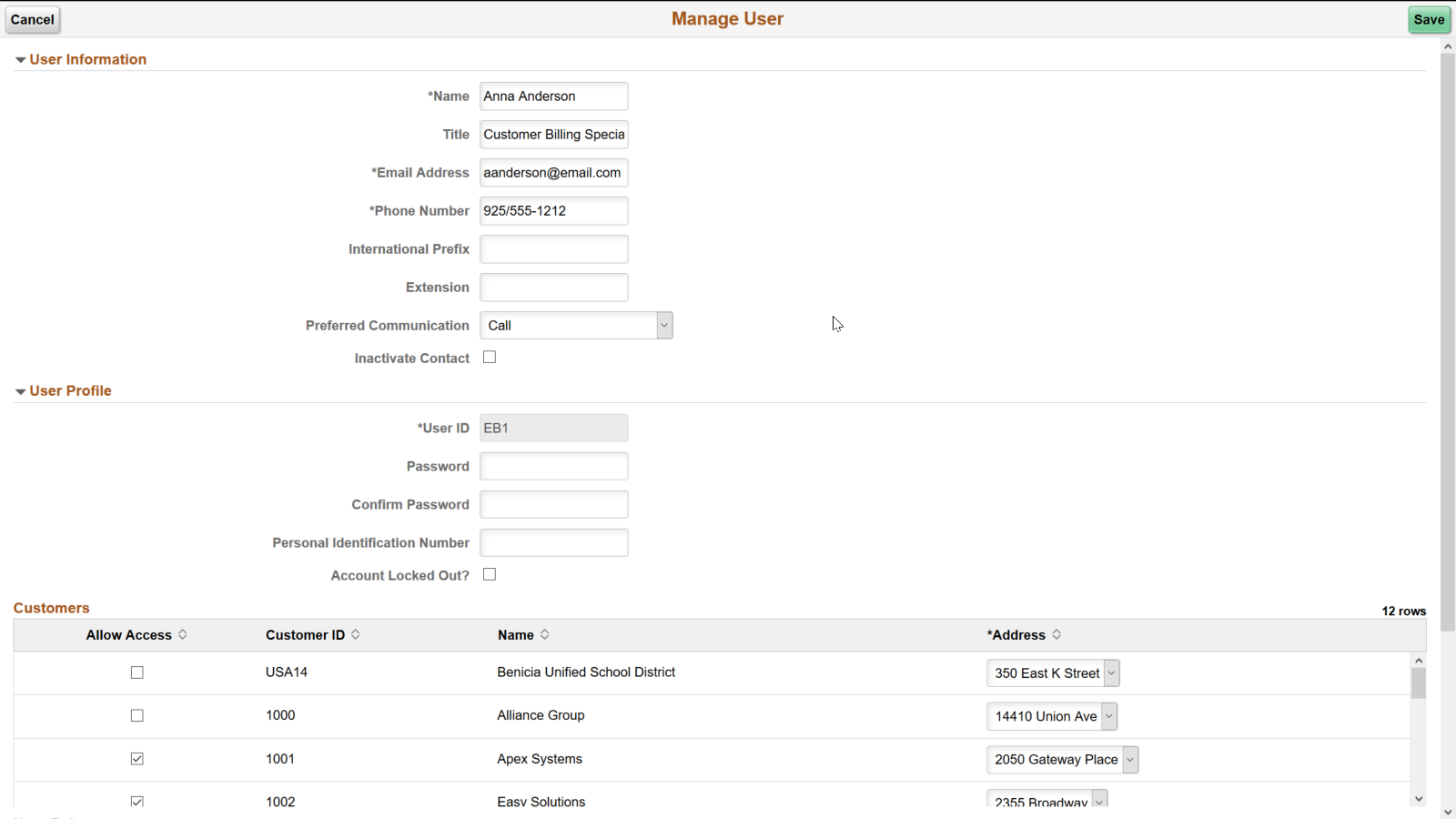 Manage User page (LFF only)