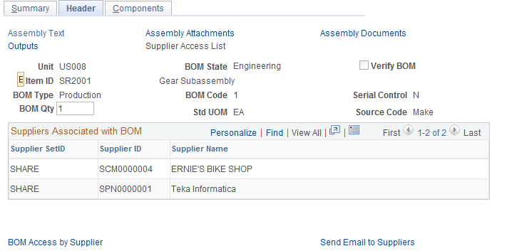 Engineering BOMs - Header: Supplier Access List page