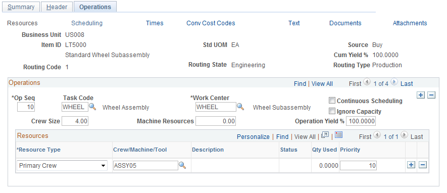 Define Engineering Routings - Operations: Resources page