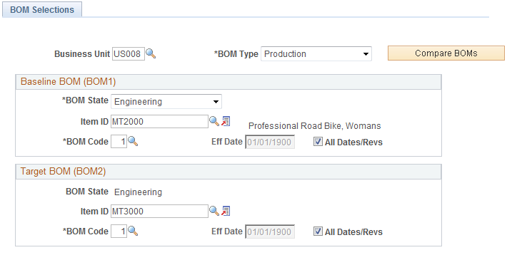 Compare EBOMs - BOM Selections page
