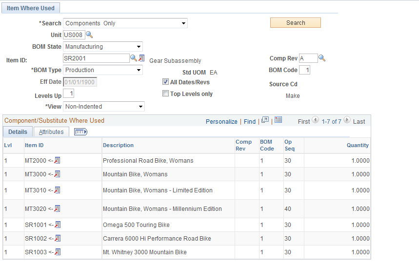 Item Where Used page: Details tab