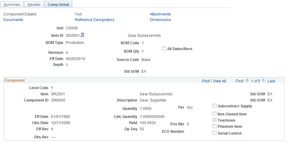 Review EBOM Information - Comp Detail: Component Details page