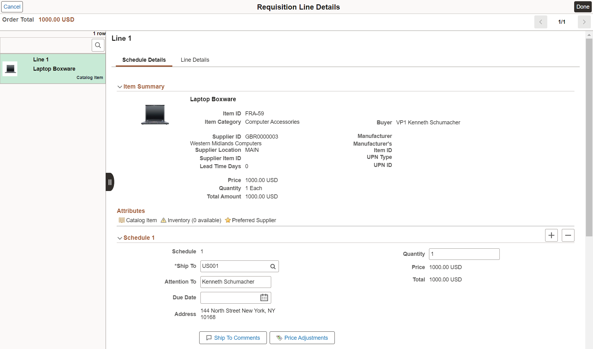 Create Requisition Schedule details page