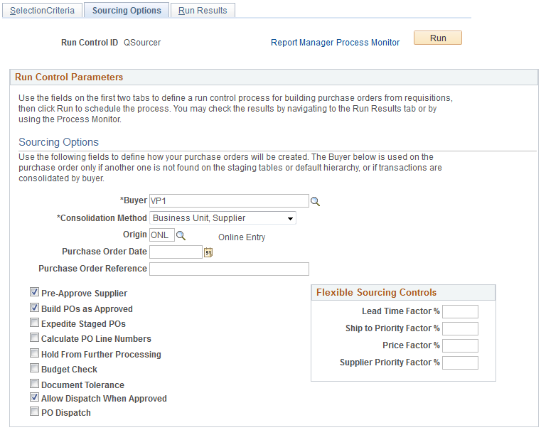 Sourcing Options page