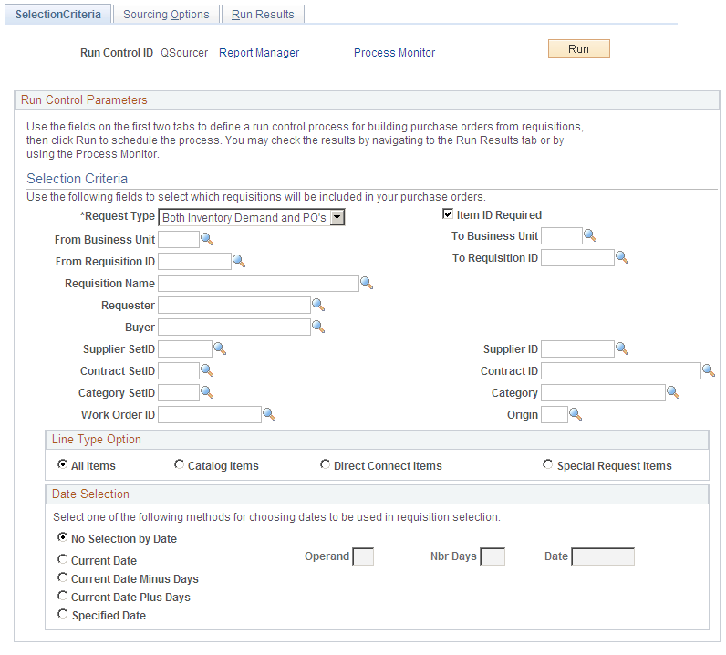 Selection Criteria page of the Quick Source Requisitions component