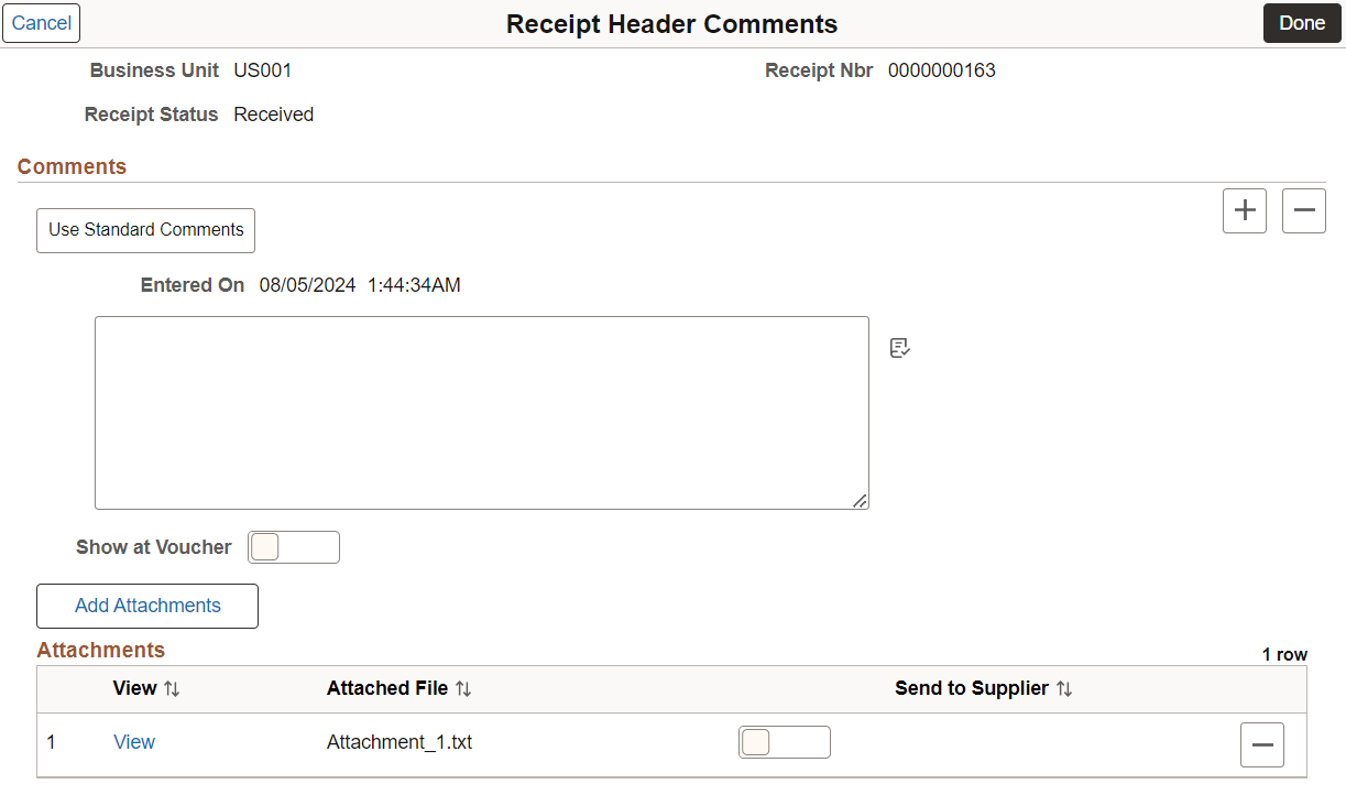 Receipt Header Comments