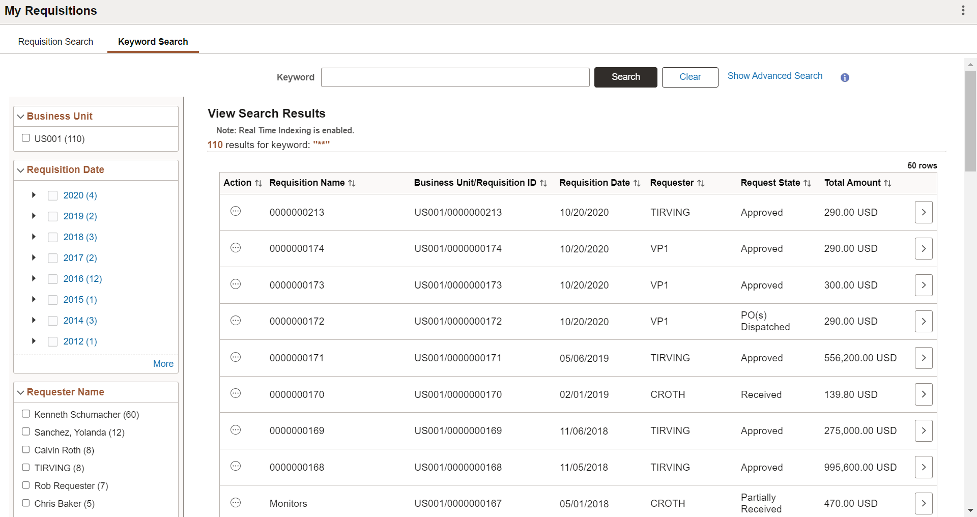 My Requisitions - Advanced Search Results