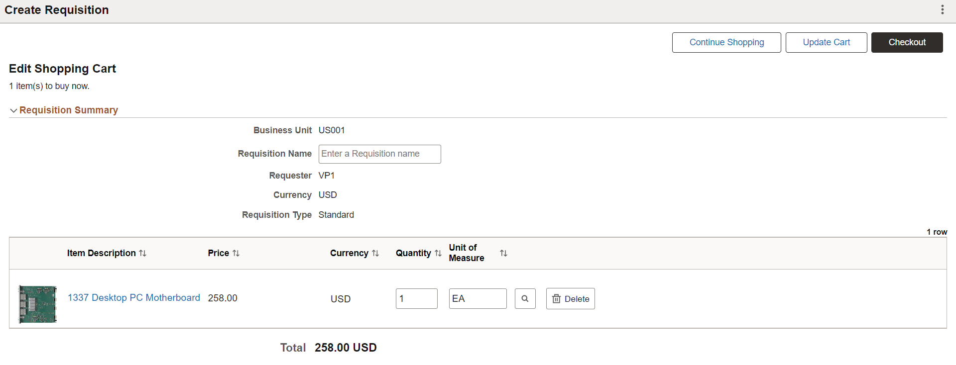 Create Requisition Shopping Cart page