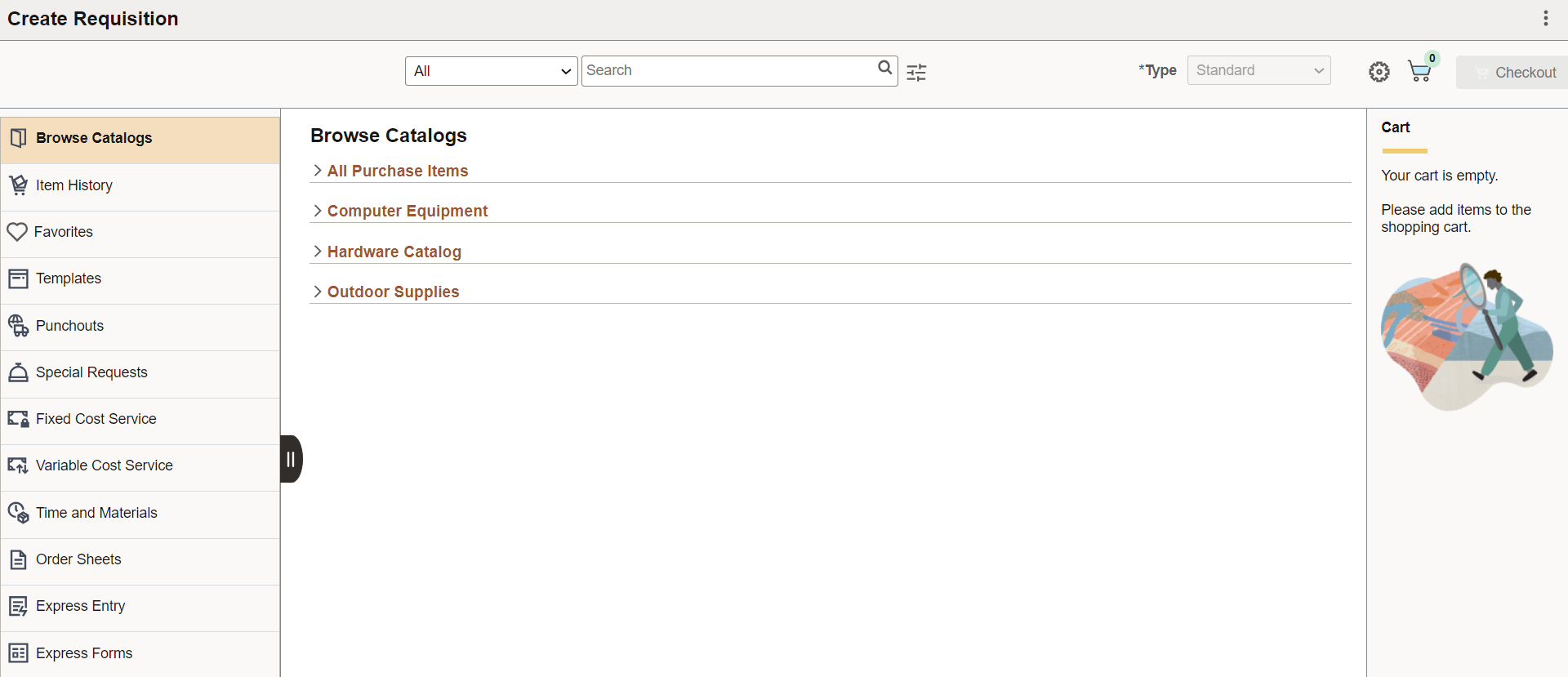 Create Requisition - Browse Catalogs page