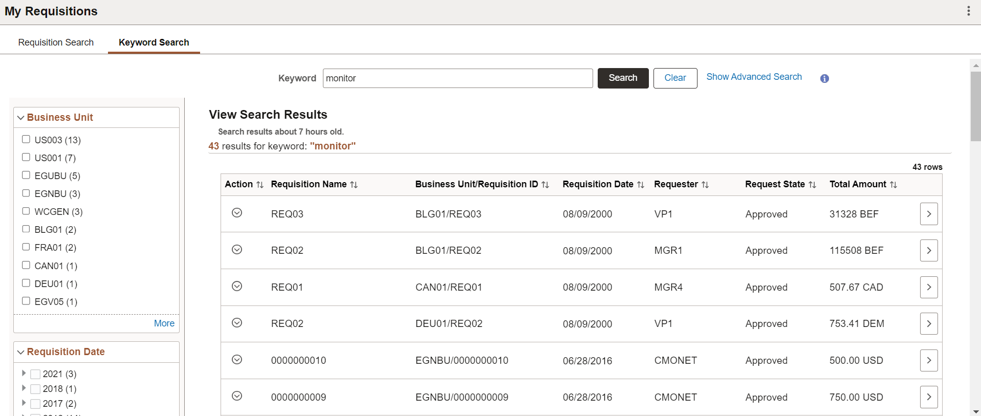 My Requisitions Keyword Search