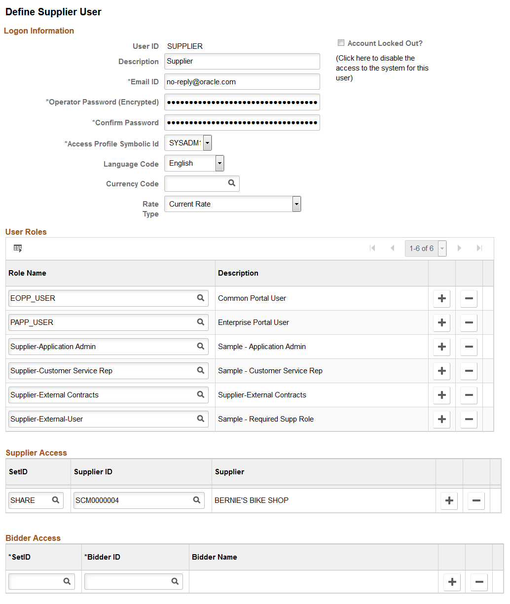 Define Supplier User page