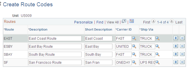 Create Route Codes page